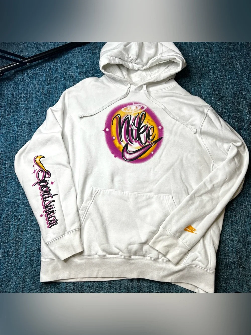 Nike Air Brush Fleece Pullover Hoodie Retro Men's Size XL White Pink Yellow